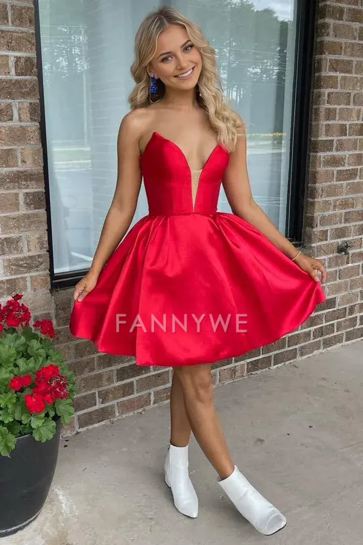 FannyWe Simple Red Strapless A-Line Short Homecoming Dress formal wear dresses